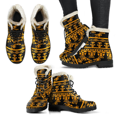 Eye of Horus Tribal Egypt Pattern Faux Fur Leather Boots-JTAMIGO.COM