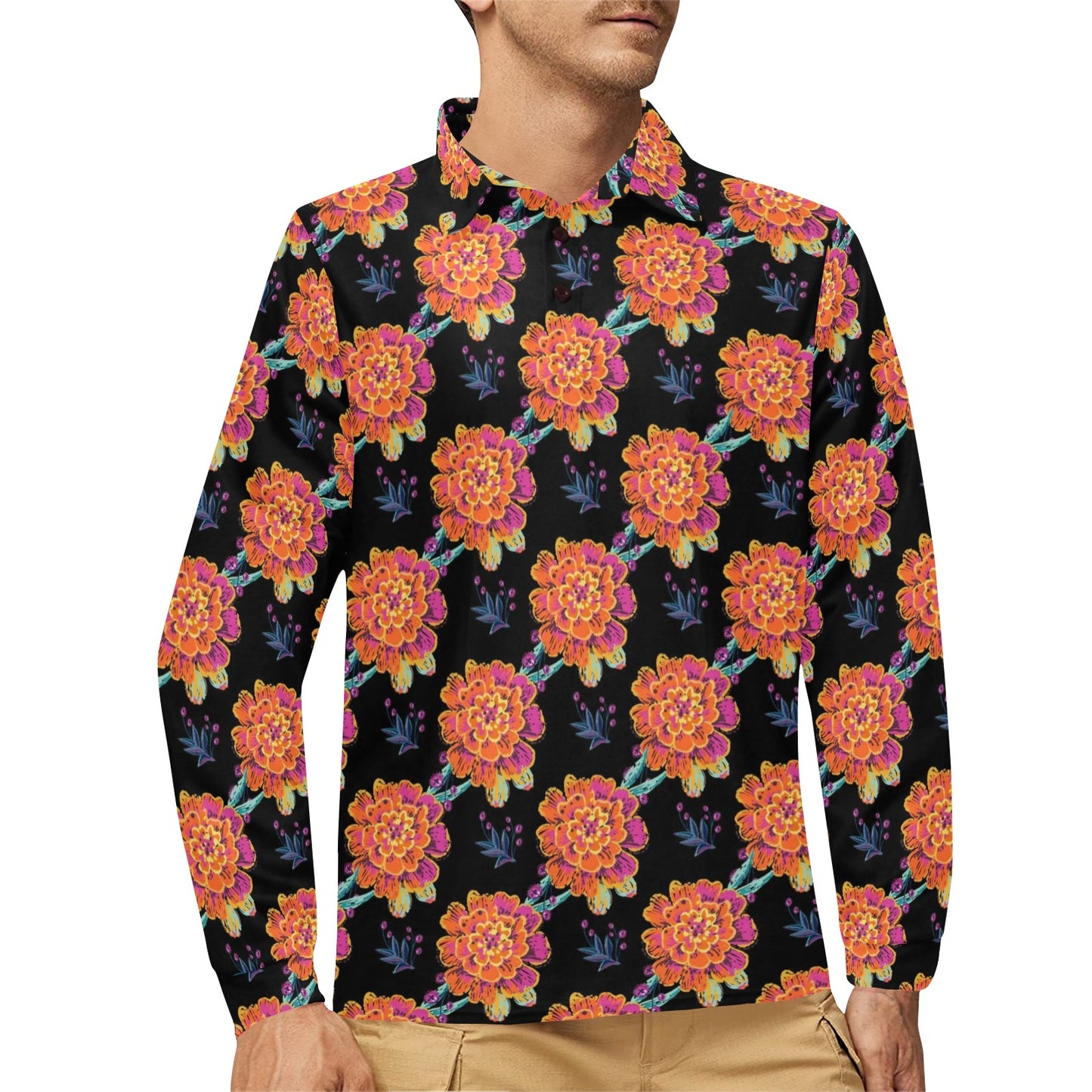 Marigold Pattern Print Design MR04 Long Sleeve Polo Shirt For Men's