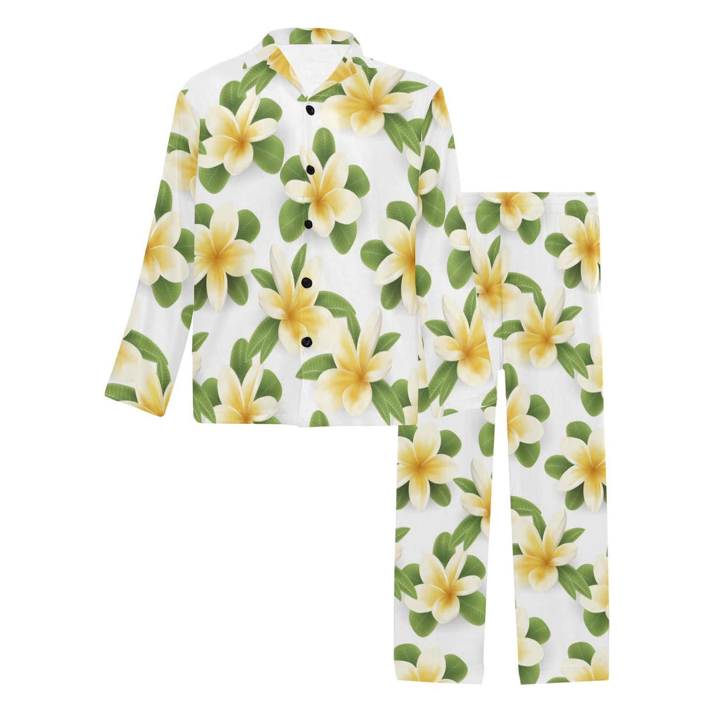 Yellow Plumeria Pattern Print Design PM012 Men's Long Pajama Set