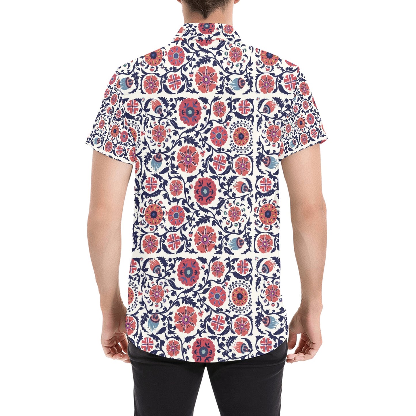 Suzani Print Design LKS304 Men Short Sleeve Button Up Shirt