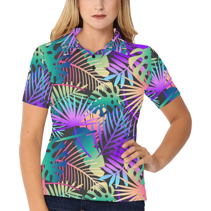 Neon Flower Tropical Palm Leaves Women's Polo Shirt