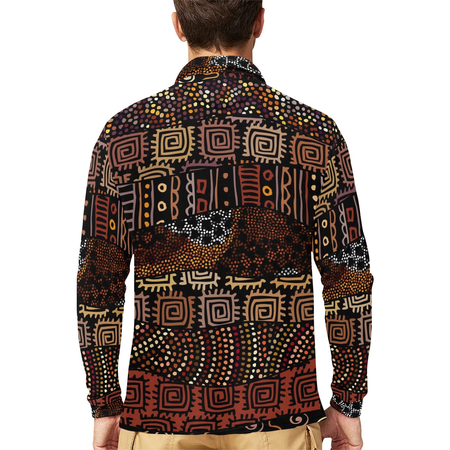 African Pattern Print Design 07 Long Sleeve Polo Shirt For Men's