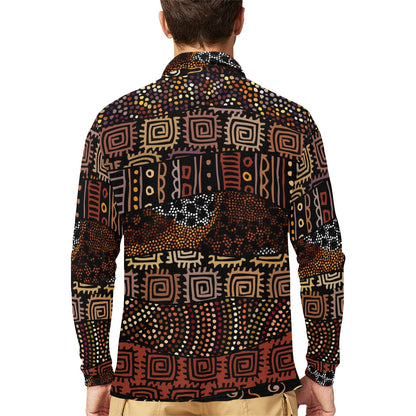 African Pattern Print Design 07 Long Sleeve Polo Shirt For Men's