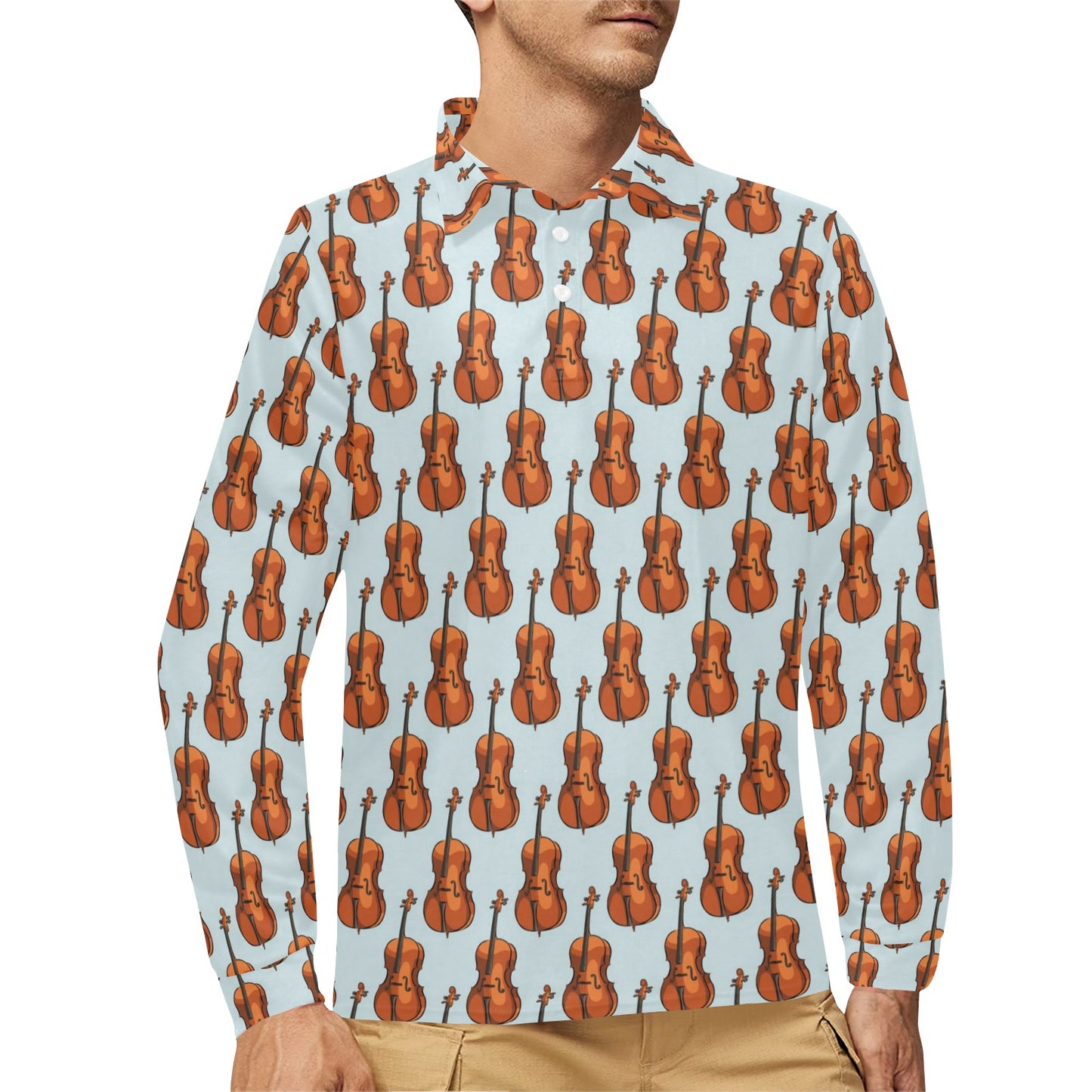 Violin Print Design LKS406 Long Sleeve Polo Shirt For Men's