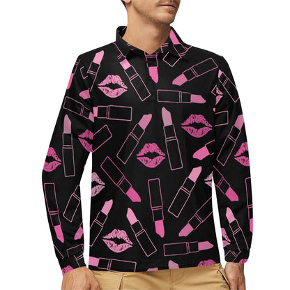 Lipstick Pink Pattern Print Design 01 Long Sleeve Polo Shirt For Men's