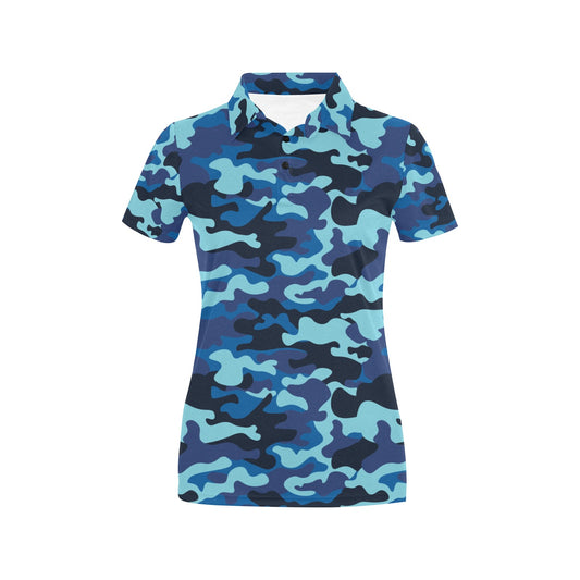 Camo Blue Pattern Print Design 04 Women's Polo Shirt