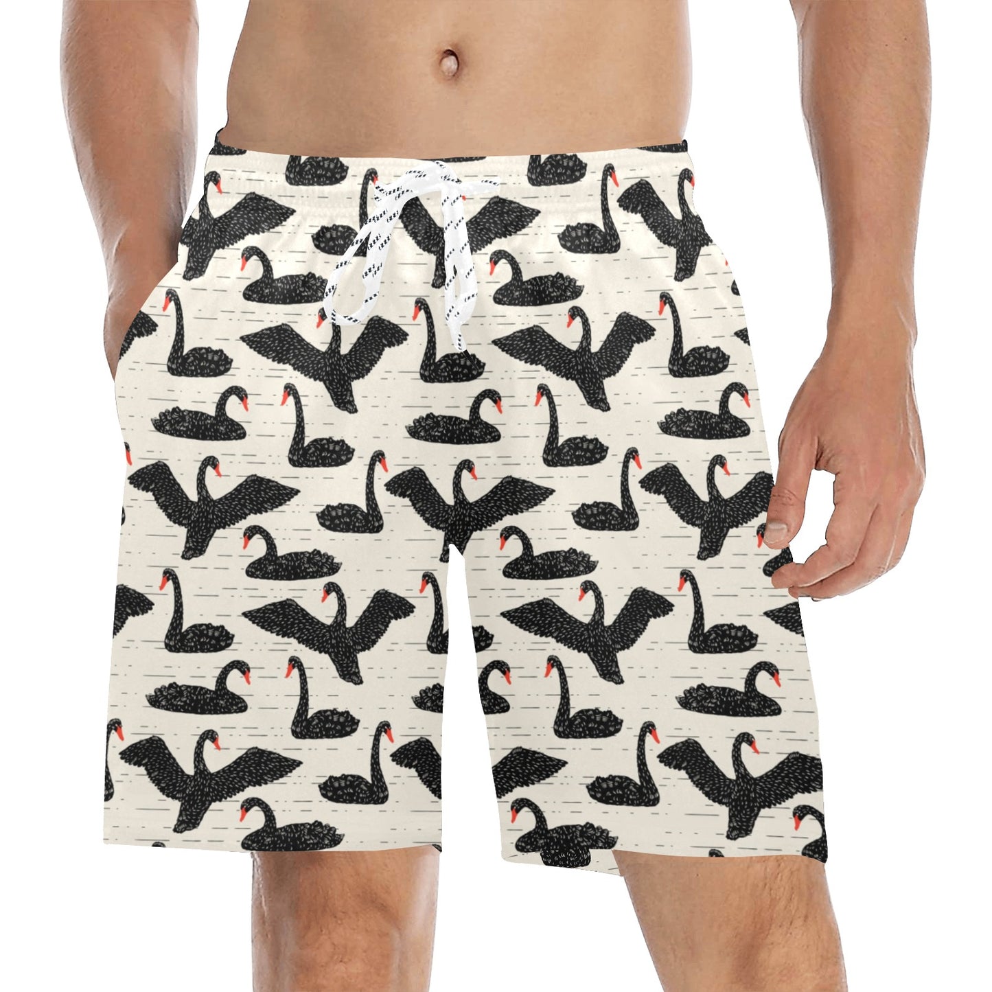 Swan Print Design LKS402 Men's Swim Trunks Beach Shorts
