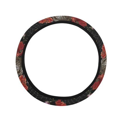 Spider Web Skull Rose Print Design LKS305 Steering Wheel Cover with Elastic Edge