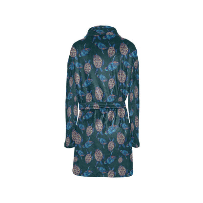 Sea Turtle Hand Drawn Blue Print Women's Fleece Robe