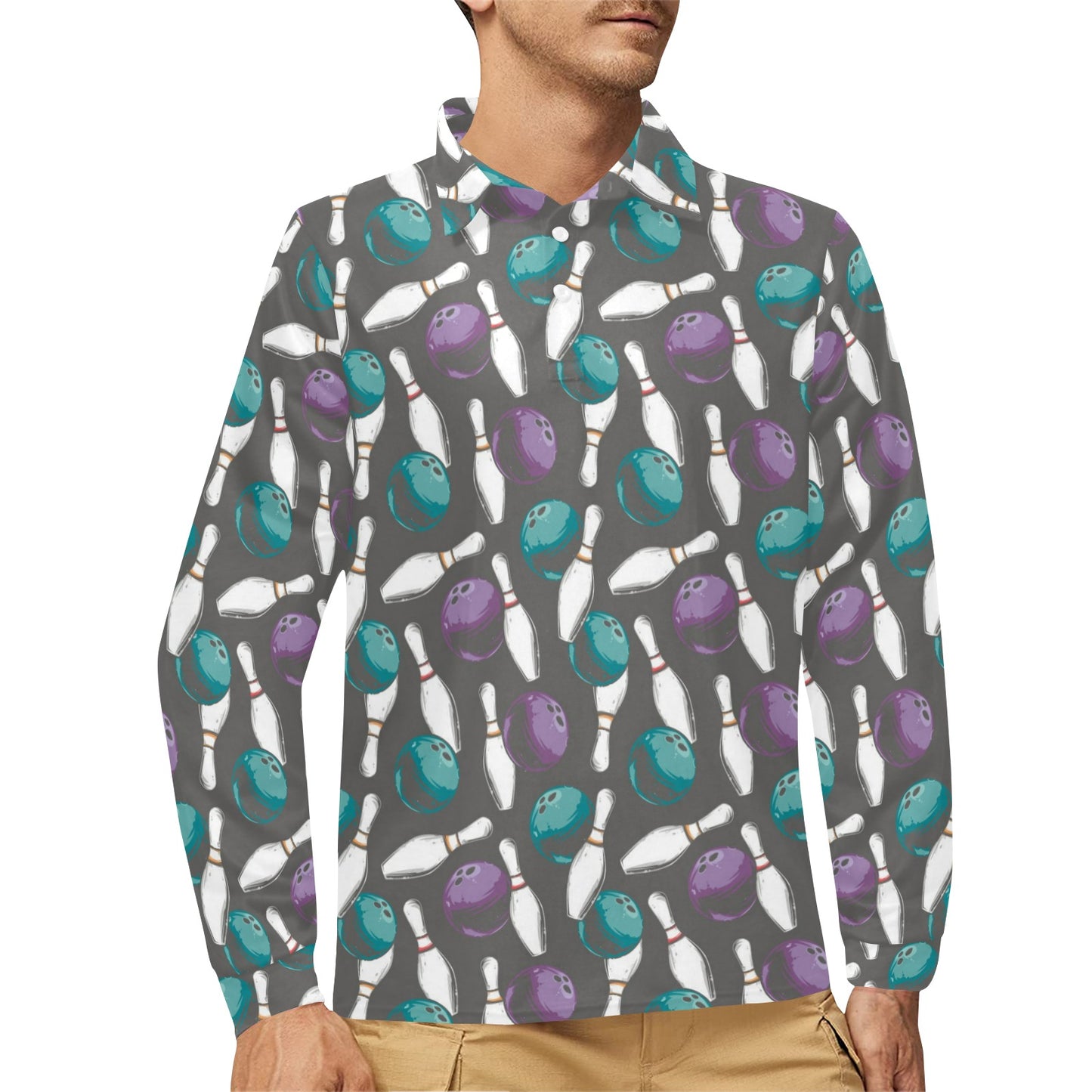 Bowling Pattern Print Design 03 Long Sleeve Polo Shirt For Men's