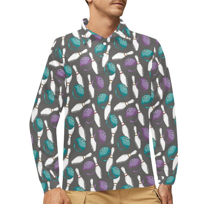 Bowling Pattern Print Design 03 Long Sleeve Polo Shirt For Men's