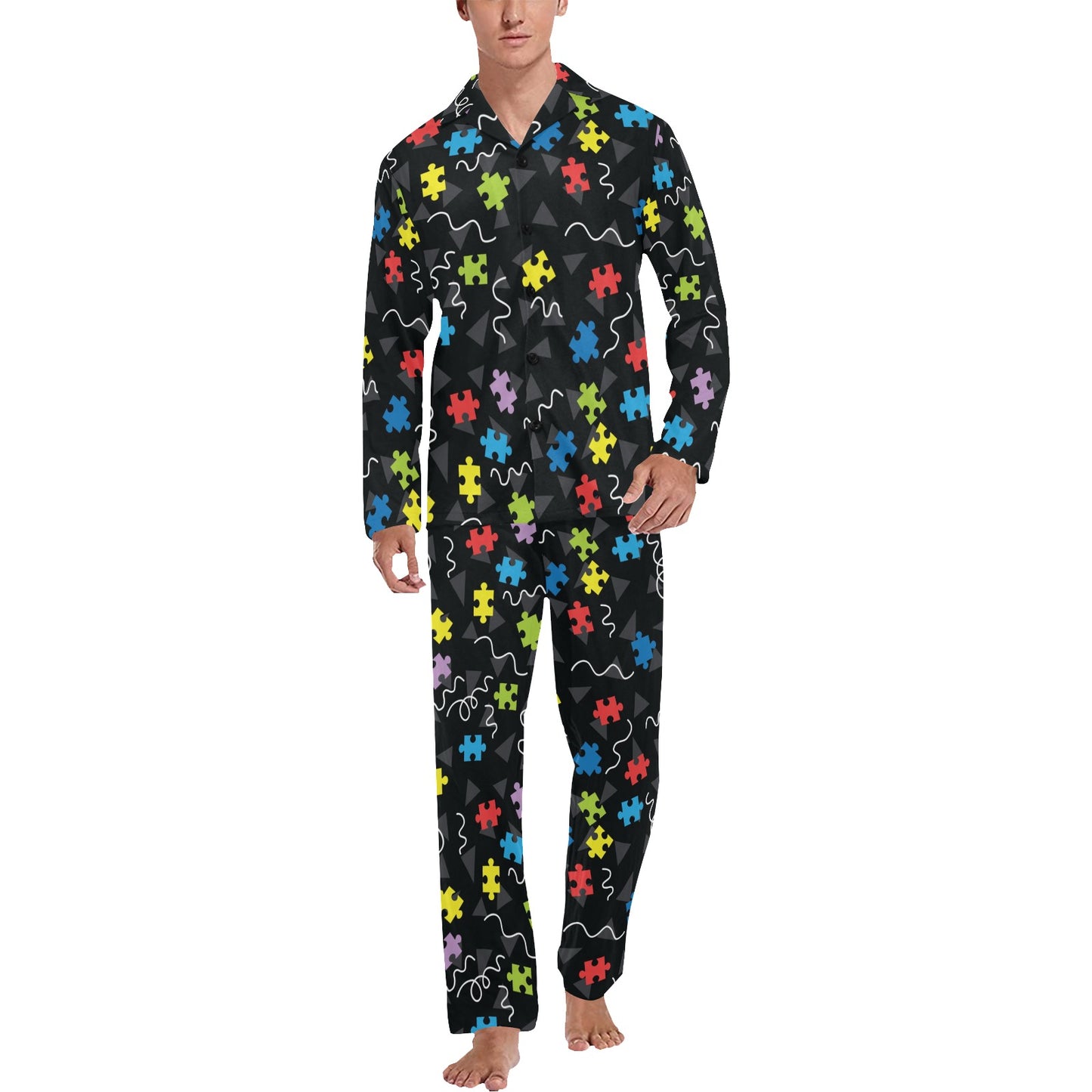 Autism Awareness Pattern Print Design 01 Men's Long Pajama Set