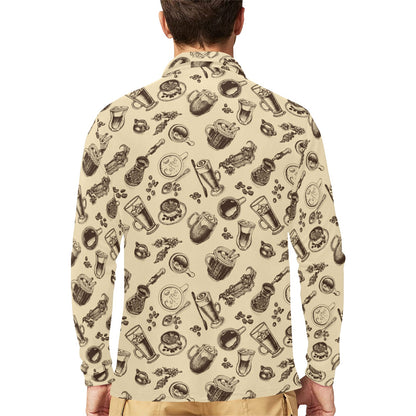 Coffee Pattern Print Design 05 Long Sleeve Polo Shirt For Men's