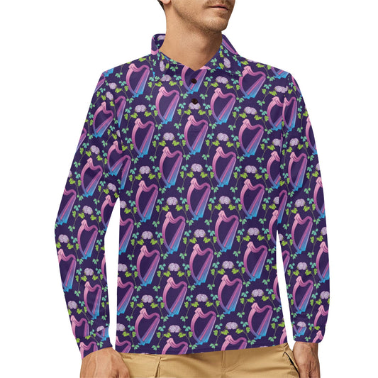 Harp Print Design LKS403 Long Sleeve Polo Shirt For Men's