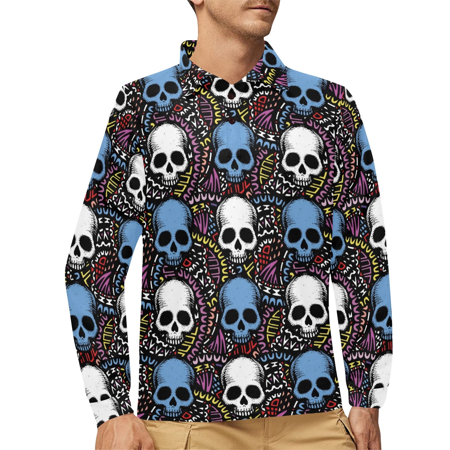 Skull Print Design LKS305 Long Sleeve Polo Shirt For Men's