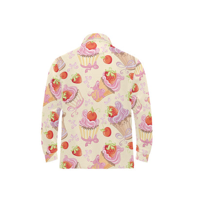 Strawberry Pink CupCake Long Sleeve Polo Shirt For Men's