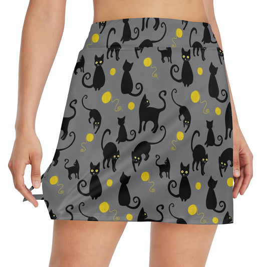 Black Cat Yellow Yarn Print Pattern 17" Golf & Pickleball Skort with Pockets