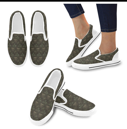 Skull Camo Style Print Design LKS308 White Slip Ons Canvas Women's Shoes