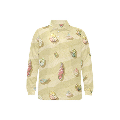 Beach with Seashell Theme Long Sleeve Polo Shirt For Men's