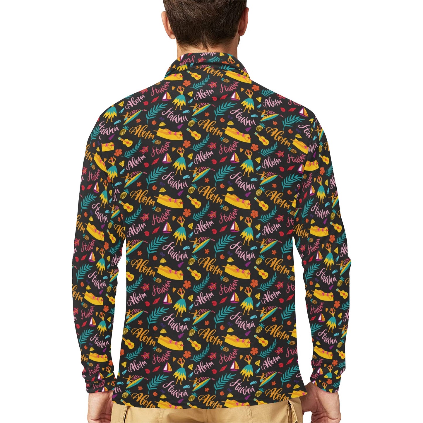 Aloha Hawaii Summer Design Themed Print Long Sleeve Polo Shirt For Men's