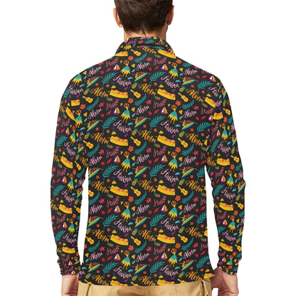 Aloha Hawaii Summer Design Themed Print Long Sleeve Polo Shirt For Men's