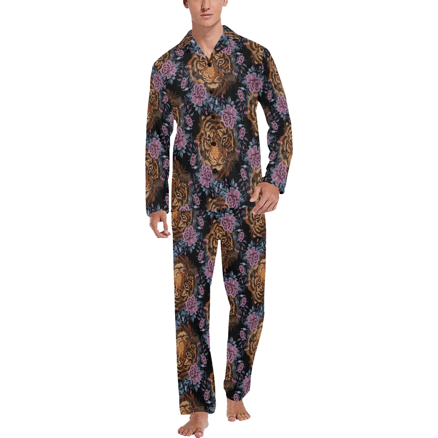 Tiger Head Floral Men's Long Pajama Set
