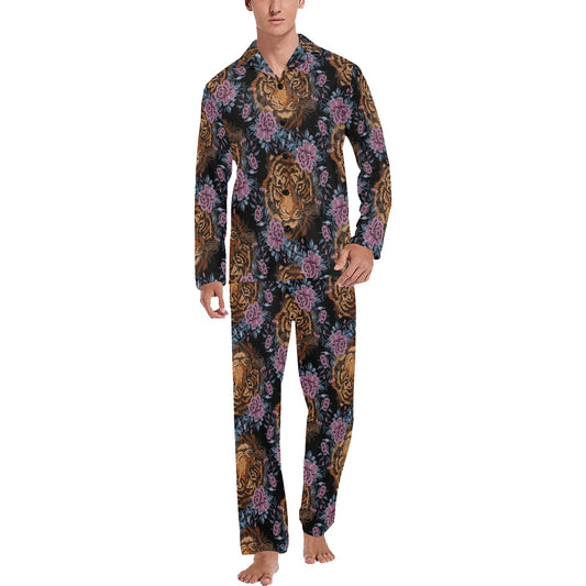 Tiger Head Floral Men's Long Pajama Set