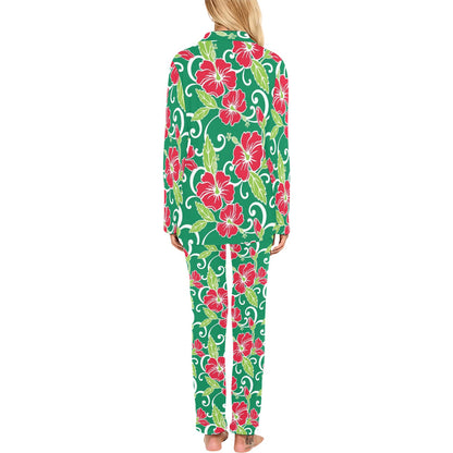 Red Hibiscus Pattern Print Design HB019 Women's Long Pajama Set
