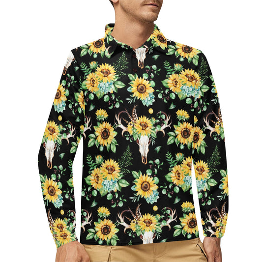 Sunflower Pattern Print Design SF08 Long Sleeve Polo Shirt For Men's