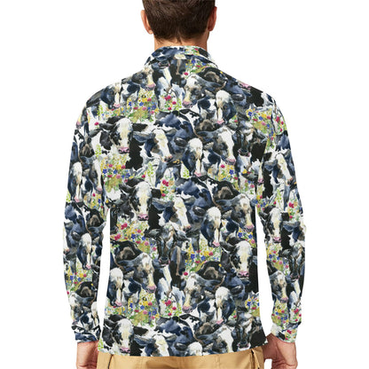 Cow Watercolor Print Pattern Long Sleeve Polo Shirt For Men's