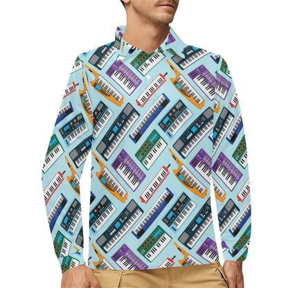 Synthesizer Pattern Print Design 02 Long Sleeve Polo Shirt For Men's