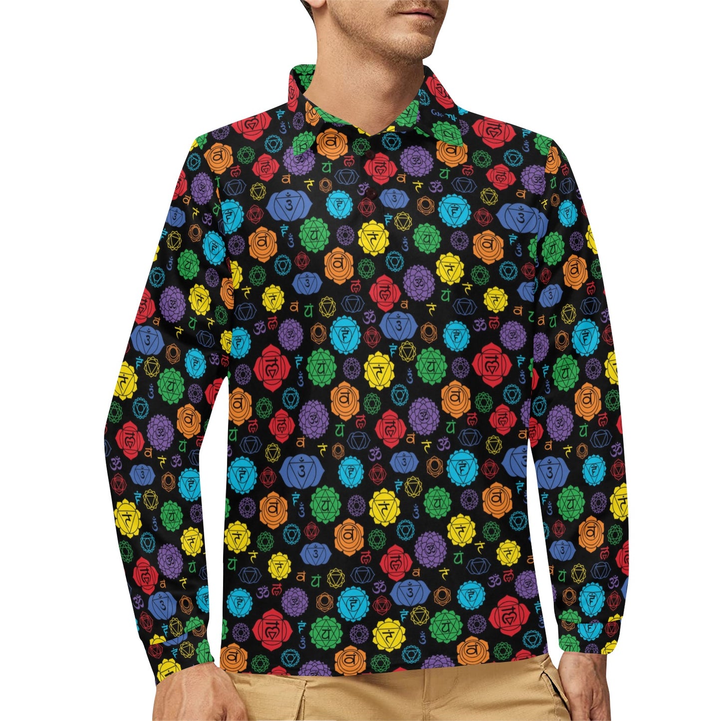 Chakra Pattern Print Design 01 Long Sleeve Polo Shirt For Men's
