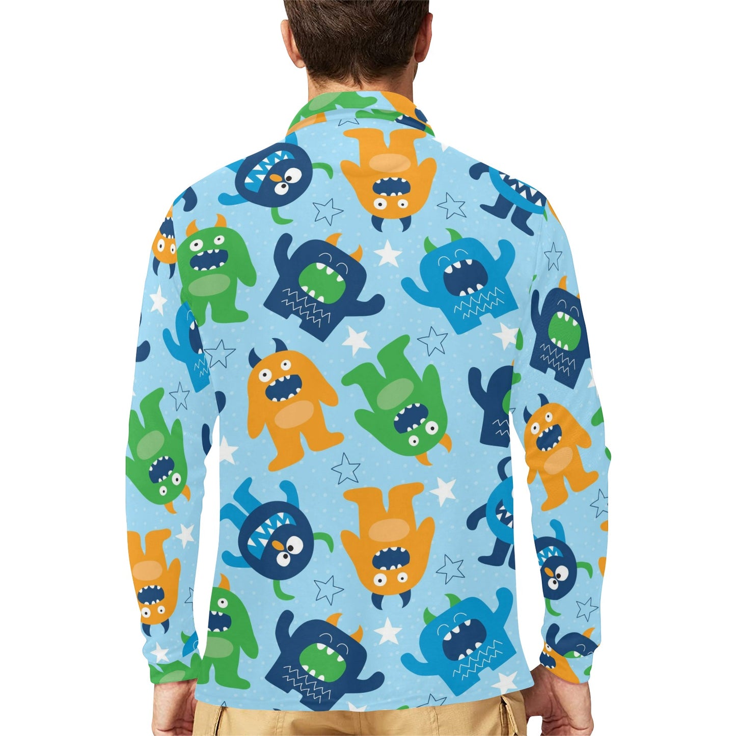 Monster Cartoon Pattern Print Design 04 Long Sleeve Polo Shirt For Men's