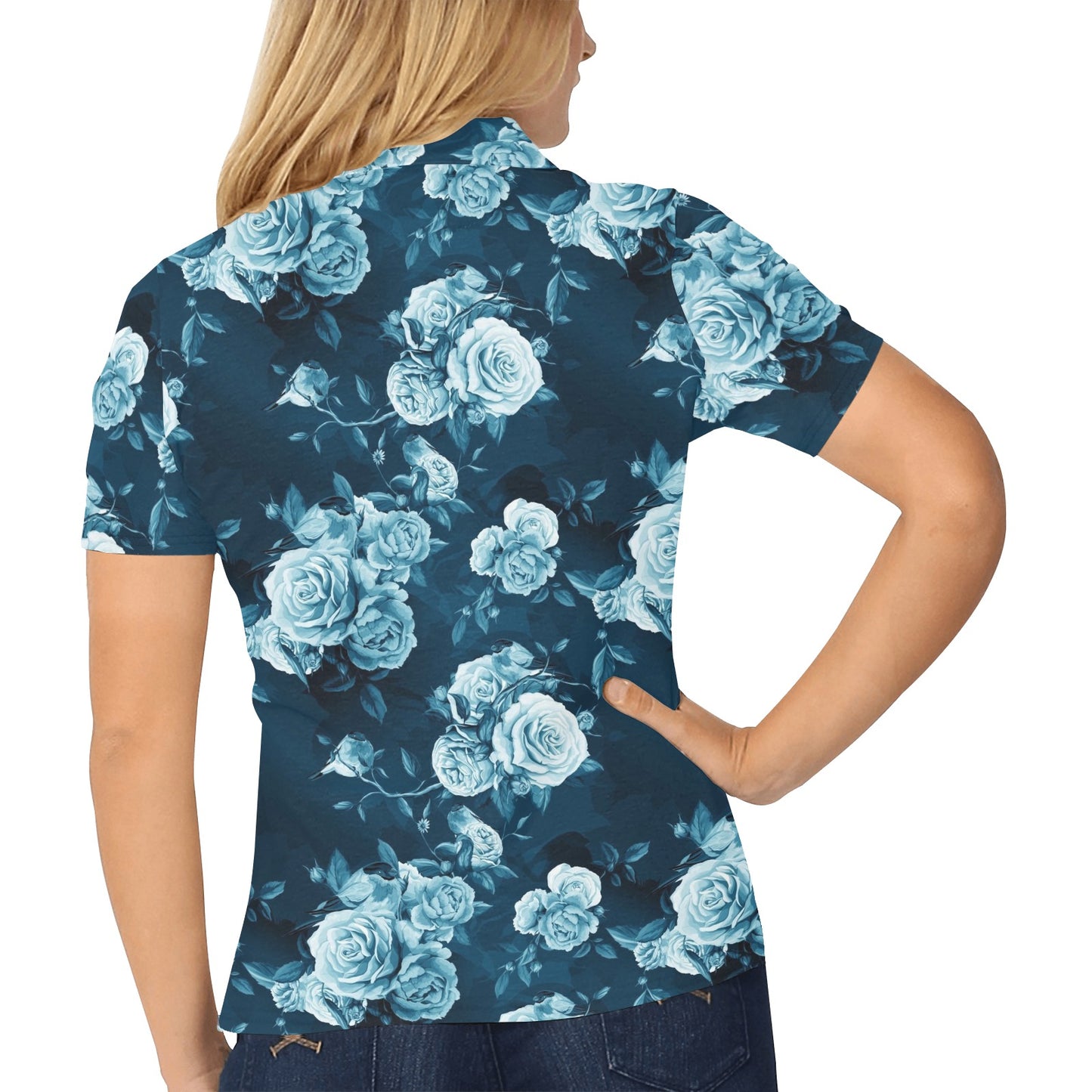 Rose Blue Pattern Print Design RO014 Women's Polo Shirt