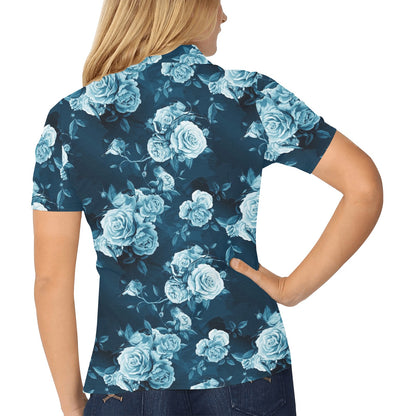 Rose Blue Pattern Print Design RO014 Women's Polo Shirt