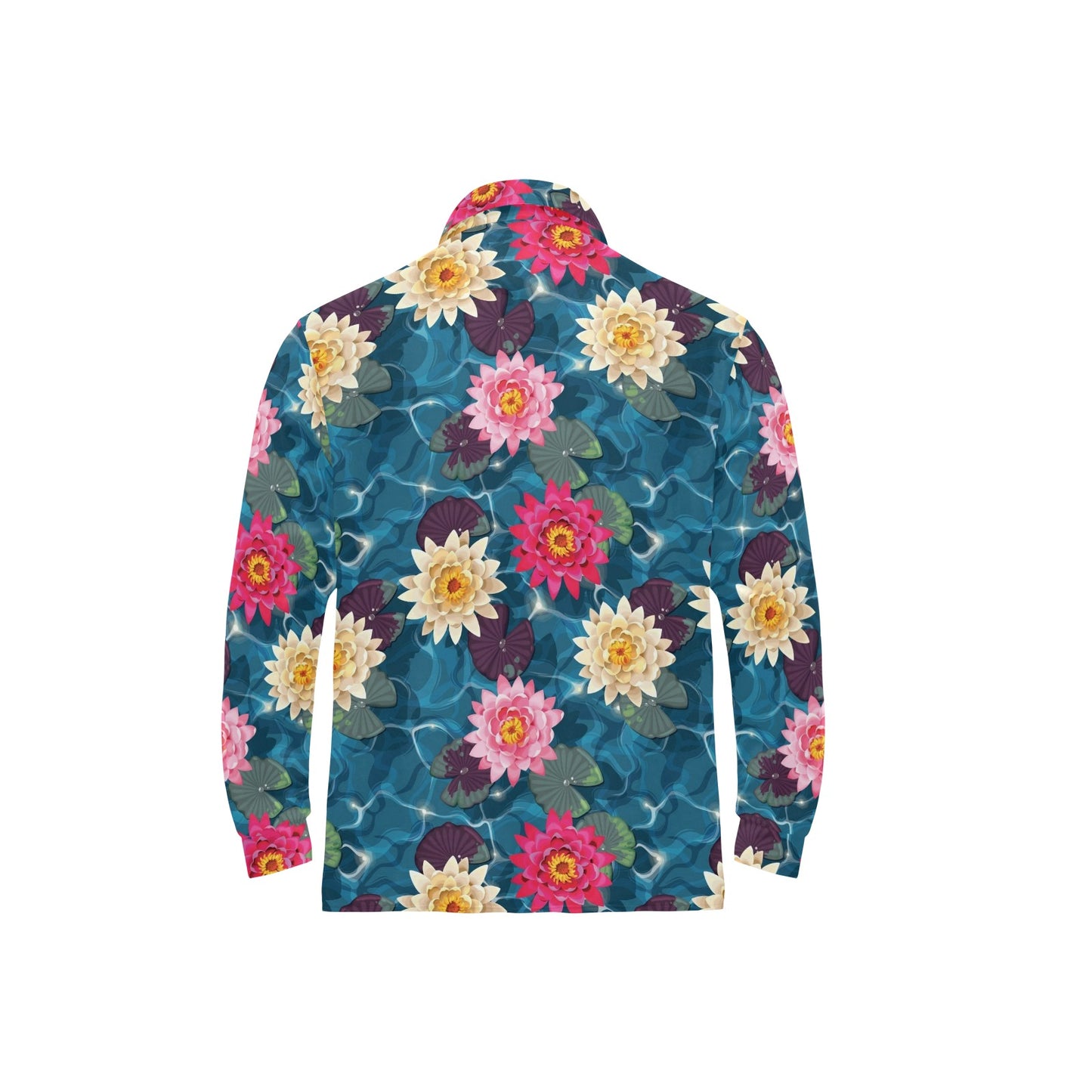 Water Lily Pattern Print Design WL05 Long Sleeve Polo Shirt For Men's