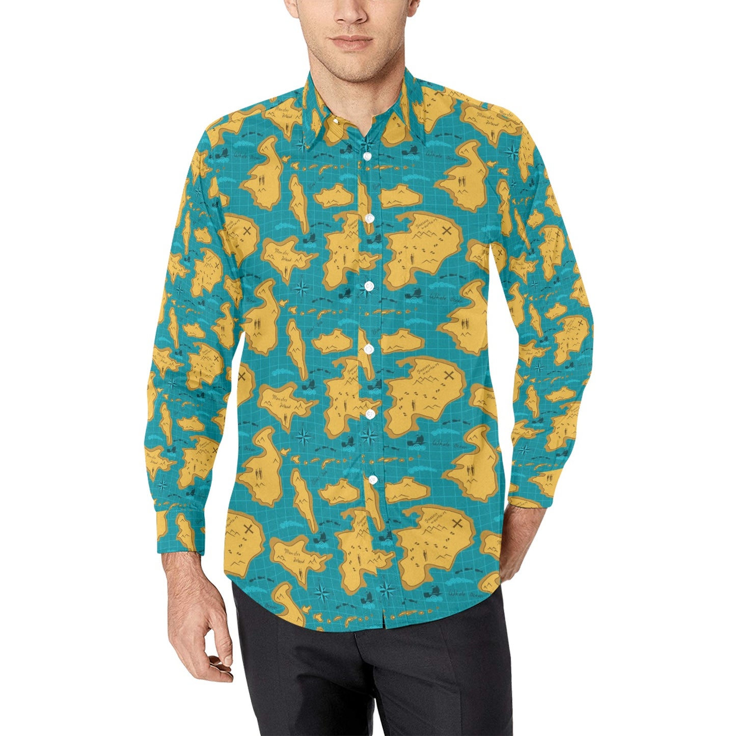 World Map Print Design LKS301 Men's Long Sleeve Dress Shirt