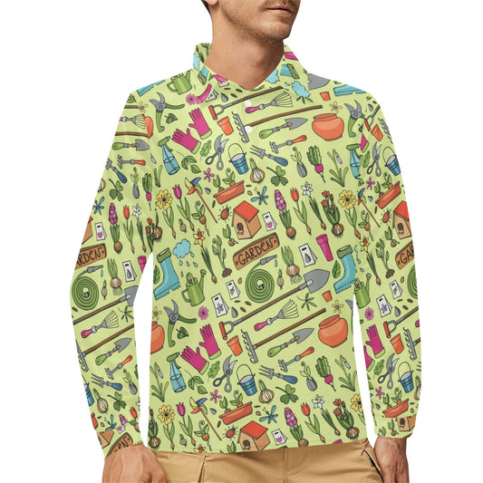 Gardening Pattern Print Design G02 Long Sleeve Polo Shirt For Men's