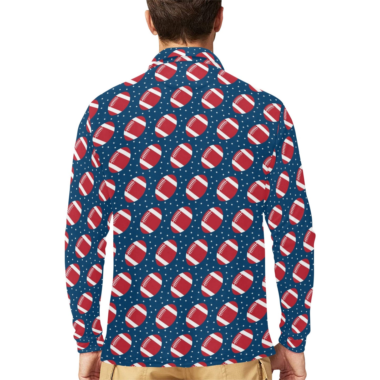 American Football Star Design Pattern Long Sleeve Polo Shirt For Men's