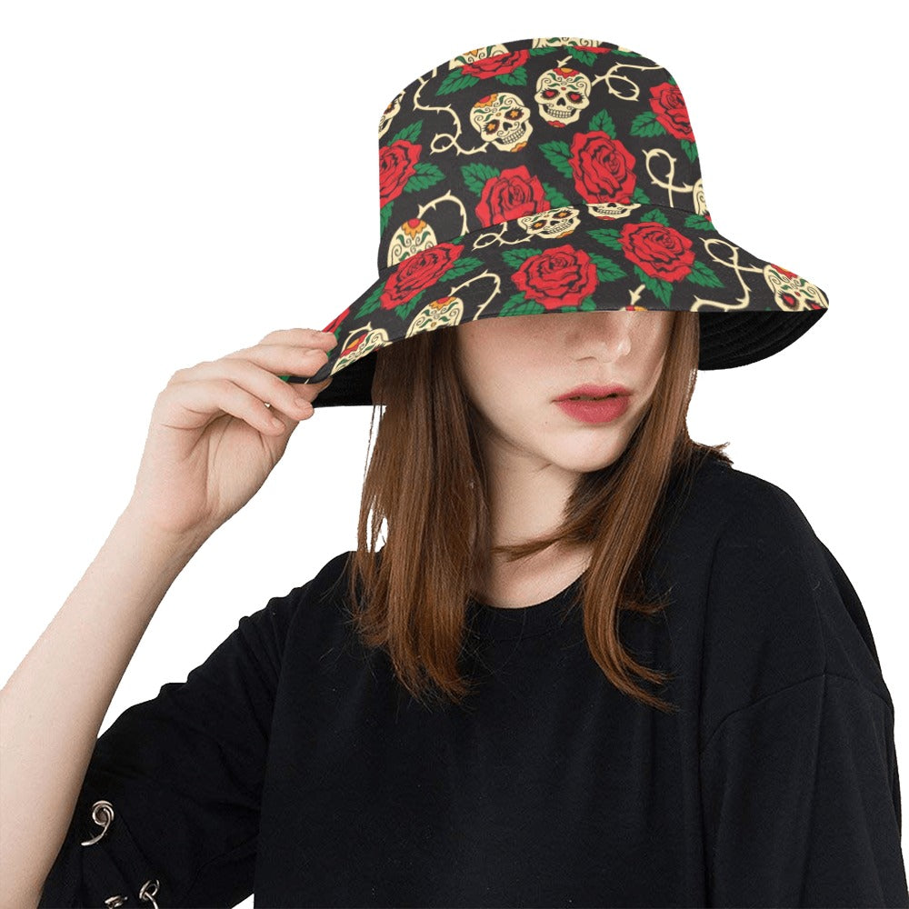 Sugar Skull Red Rose Print Design LKS301 Unisex Bucket Hat