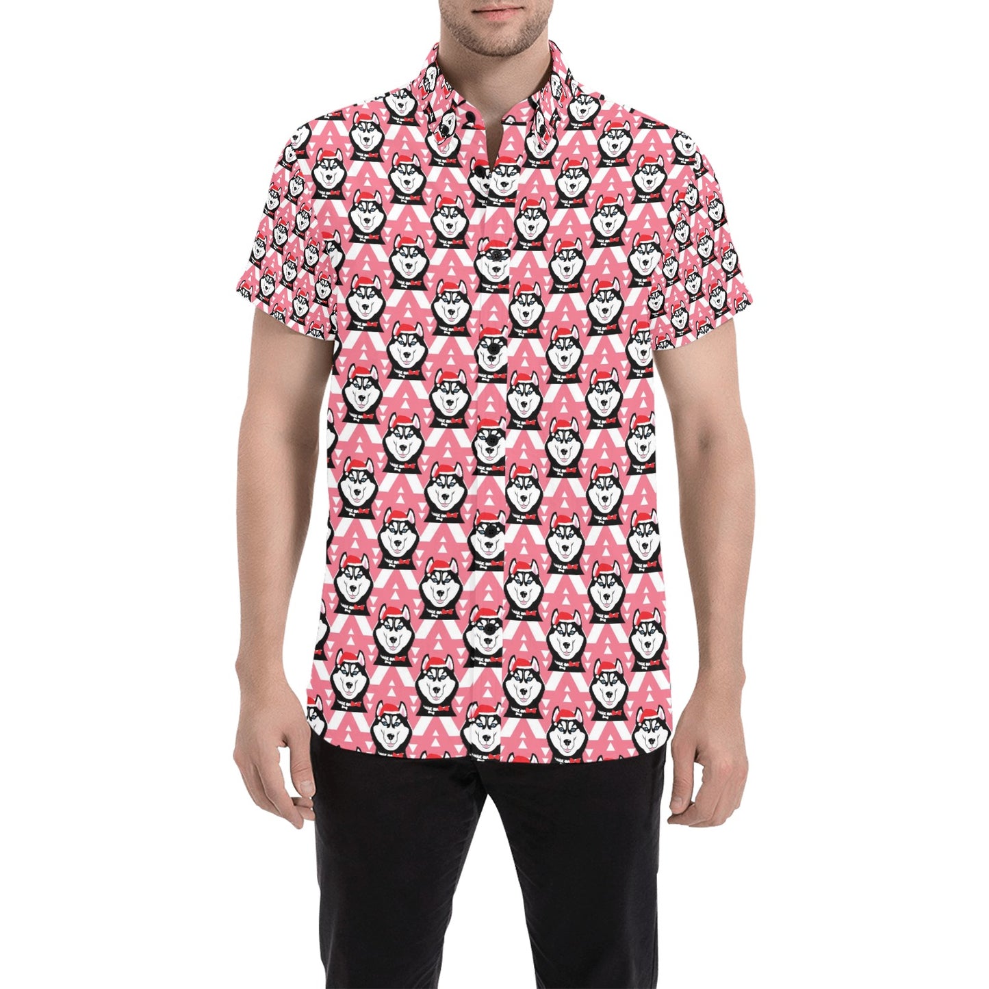 Siberian Huskies Christmas Themed Print Design LKS302 Men Short Sleeve Button Up Shirt