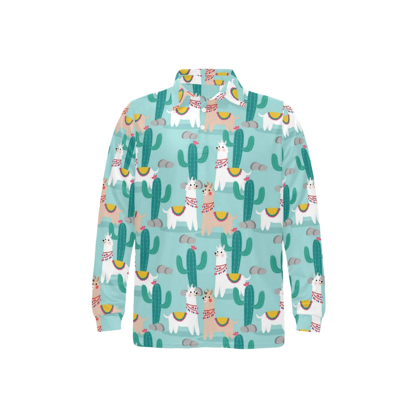 Llama Cactus Pattern Print Design 08 Long Sleeve Polo Shirt For Men's