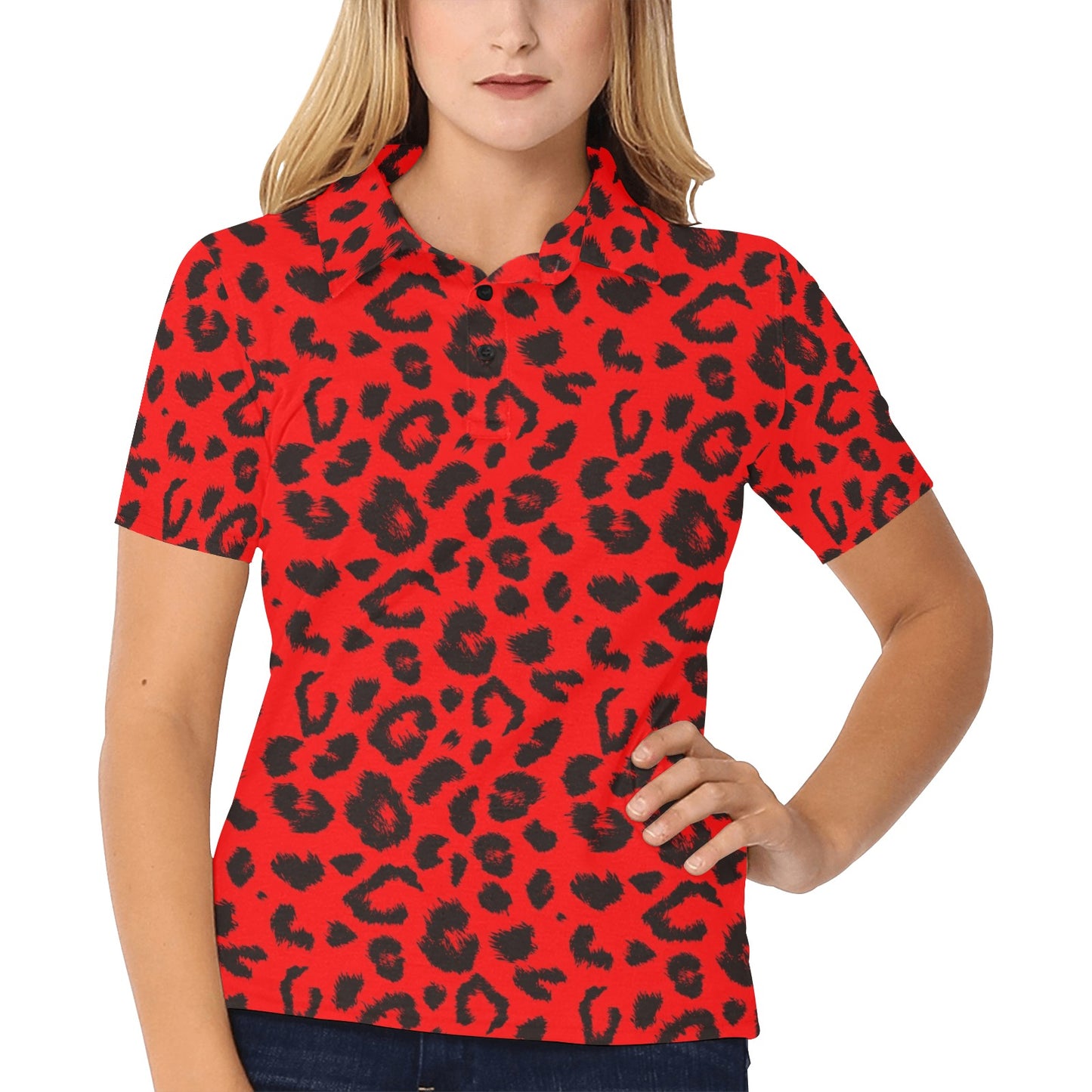 Leopard Red Skin Print Women's Polo Shirt