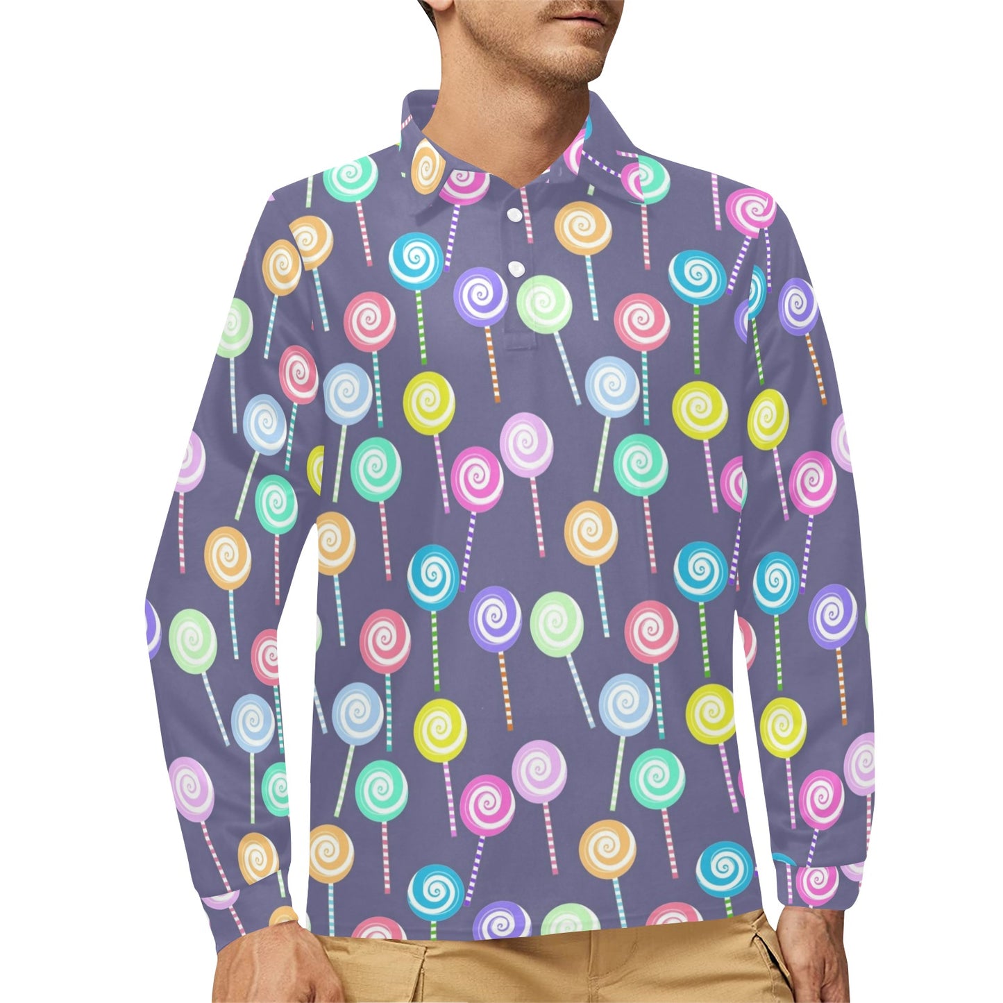 Lollipop Pattern Print Design LL03 Long Sleeve Polo Shirt For Men's