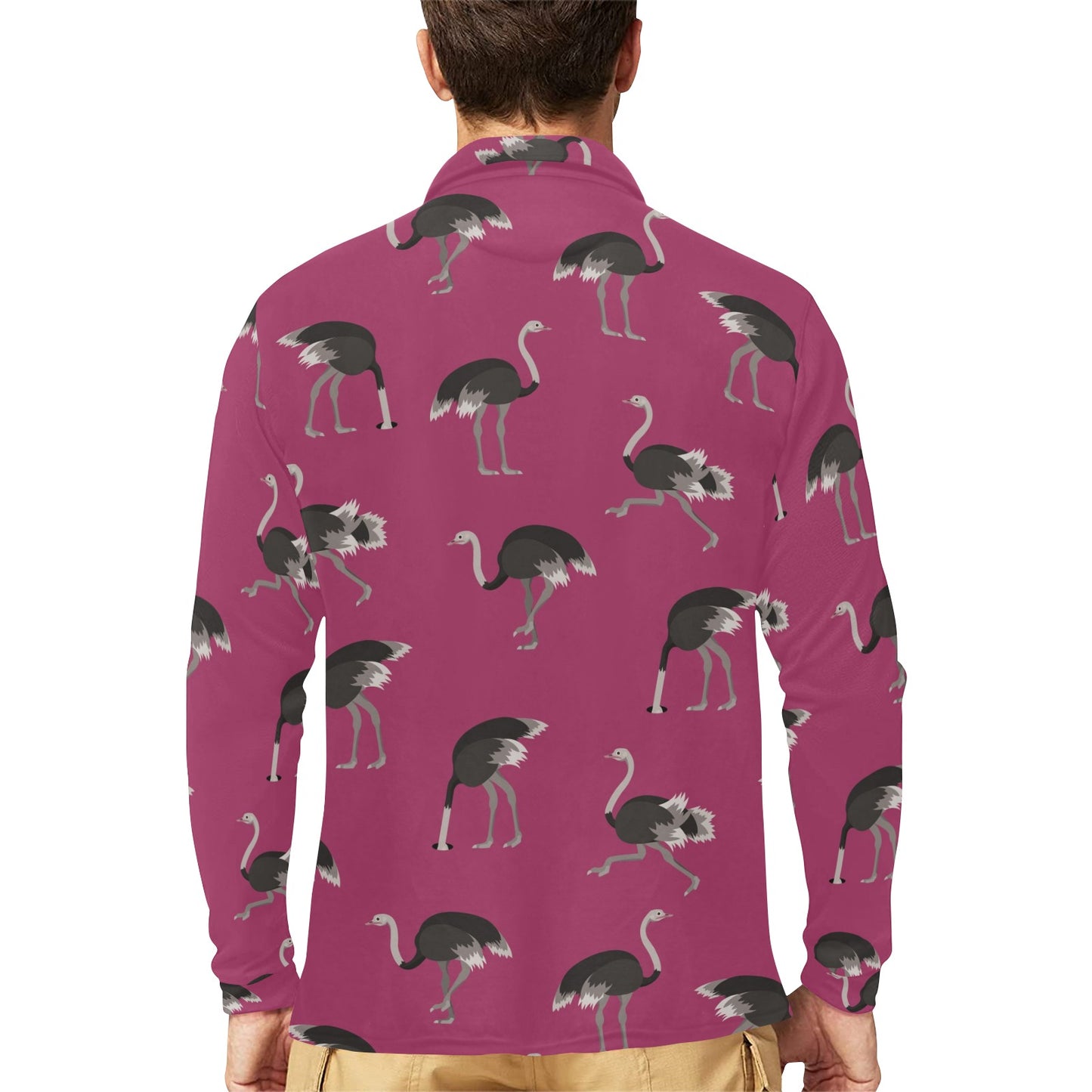 Emu Pattern Print Design 02 Long Sleeve Polo Shirt For Men's