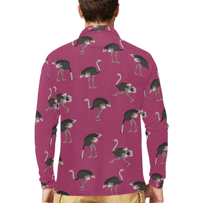 Emu Pattern Print Design 02 Long Sleeve Polo Shirt For Men's