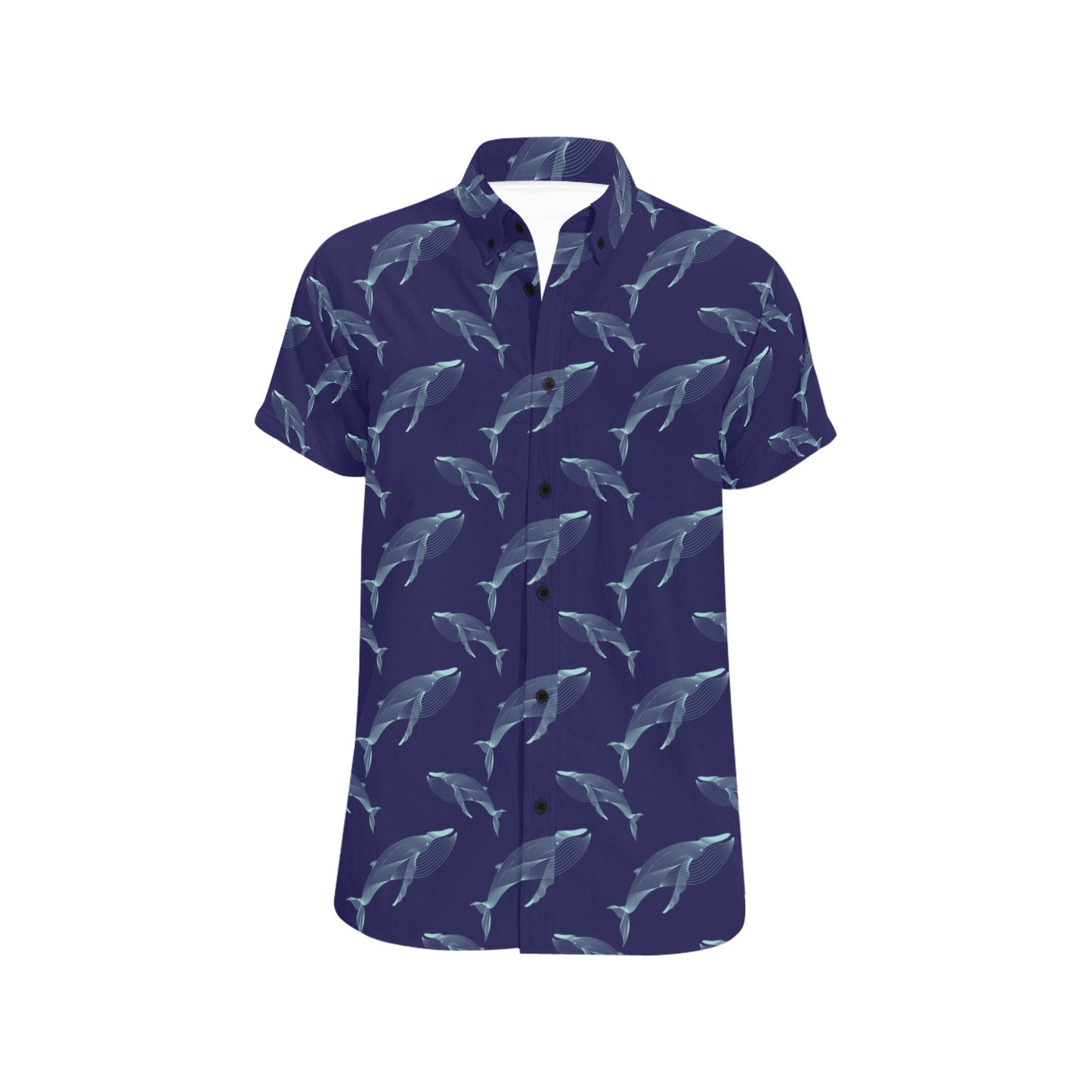 Blue Whale Print Design LKS402 Men Short Sleeve Button Up Shirt