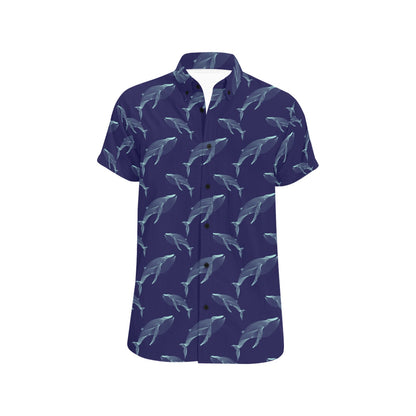 Blue Whale Print Design LKS402 Men Short Sleeve Button Up Shirt