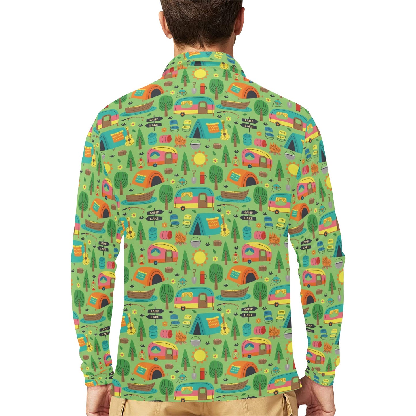 Camping Camper Pattern Print Design 04 Long Sleeve Polo Shirt For Men's