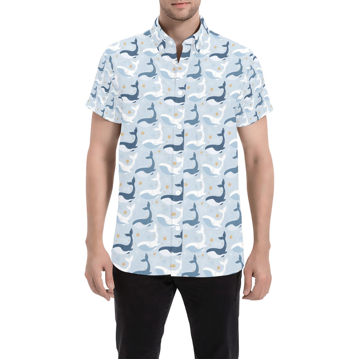 Whale Print Design LKS305 Men Short Sleeve Button Up Shirt